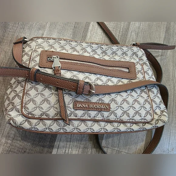 Dana Buchman Crossbody Bag Canvas Monogram Tan Preppy Classy Abstract Equestrian - Picture 14 of 14